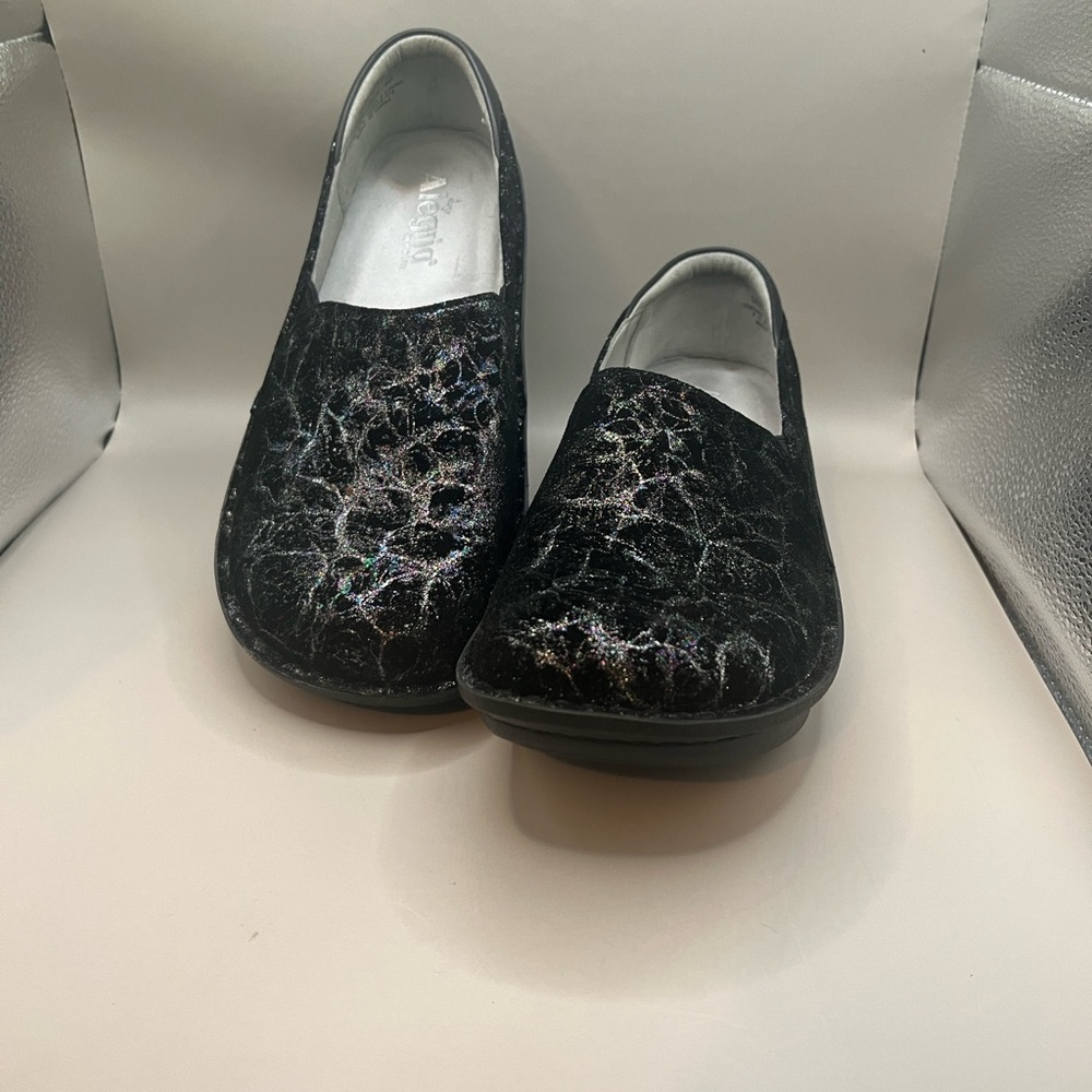 ALEGRIA Black and Silver Slip-On Shoes